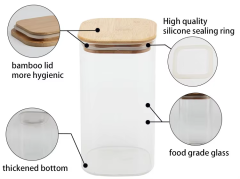 Hot sale square food grade glass spice candy storage jar and bottles with bamboo lid