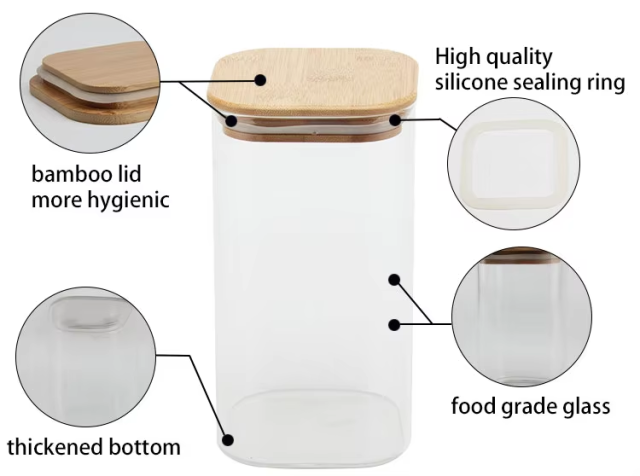 Hot sale square food grade glass spice candy storage jar and bottles with bamboo lid