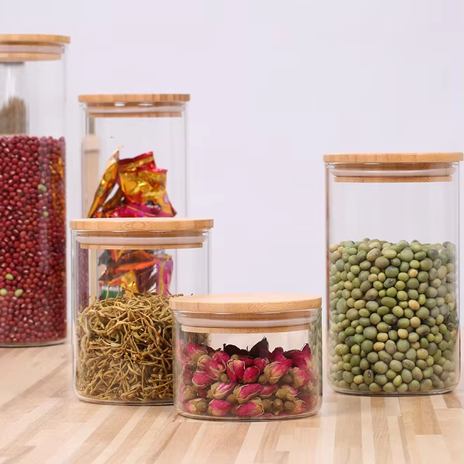 Airtight 8oz 11oz 12oz 15oz 16oz glass food storage jars with bamboo lids in bulk