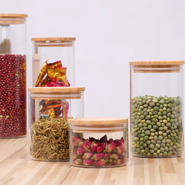 Airtight 8oz 11oz 12oz 15oz 16oz glass food storage jars with bamboo lids in bulk
