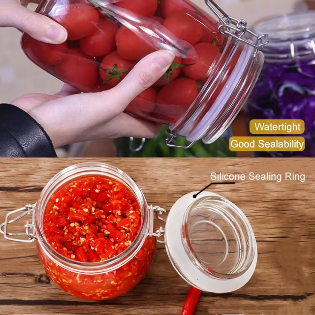 Wholesale 4oz 8oz 10oz 12oz glass pickle storage jar with clip airtight glass silicone lid