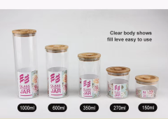 Cheap 8oz borosilicate airtight glass food storage container jars with bamboo lid in bulk