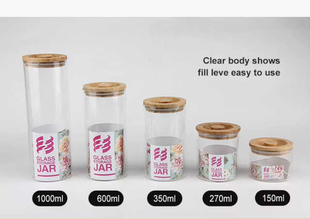 Cheap 8oz borosilicate airtight glass food storage container jars with bamboo lid in bulk