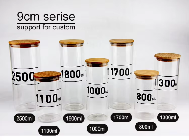 Cheap 8oz borosilicate airtight glass food storage container jars with bamboo lid in bulk