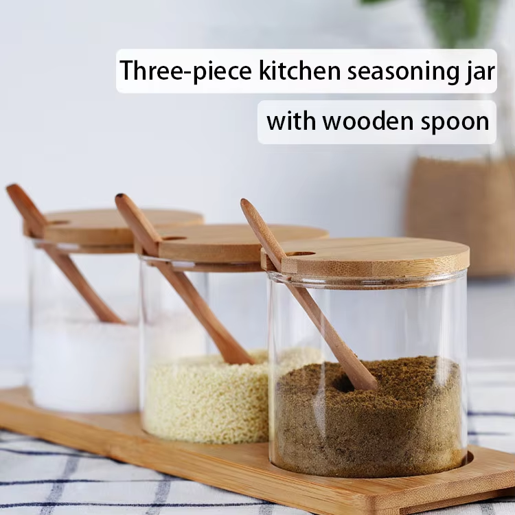 Amazon hot sale kitchen glass bamboo spice bottle jar with spoon and wood tray