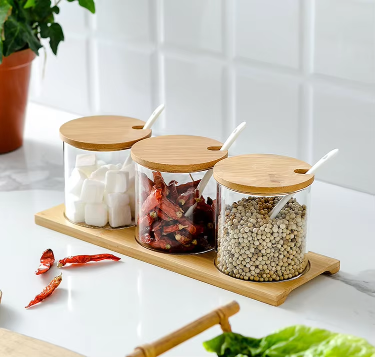 Amazon hot sale kitchen glass bamboo spice bottle jar with spoon and wood tray