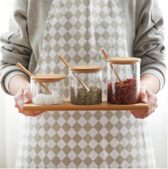 High quality eco-friendly feature borosilicate glass spice jar bottle with bamboo lid spoon