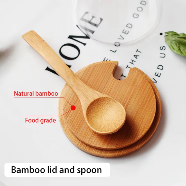 High quality eco-friendly feature borosilicate glass spice jar bottle with bamboo lid spoon