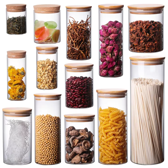 Wholesale round small bamboo lid glass candy jar for food storage containers