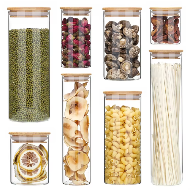 Wholesale round small bamboo lid glass candy jar for food storage containers