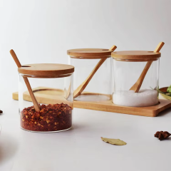 Amazon hot sale kitchen glass bamboo spice bottle jar with spoon and wood tray