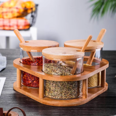 Amazon hot sale kitchen glass bamboo spice bottle jar with spoon and wood tray