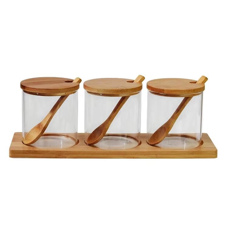 Amazon hot sale kitchen glass bamboo spice bottle jar with spoon and wood tray