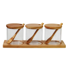 Amazon hot sale kitchen glass bamboo spice bottle jar with spoon and wood tray
