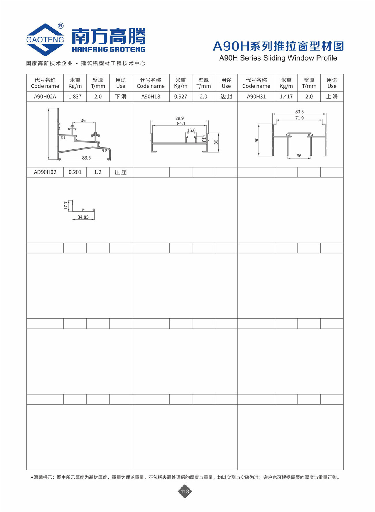 A90H Series Sliding Window Profile