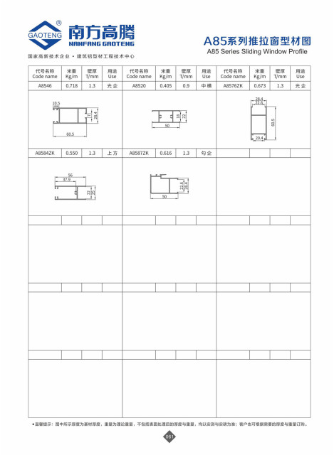 A85 Series Sliding Window Profile