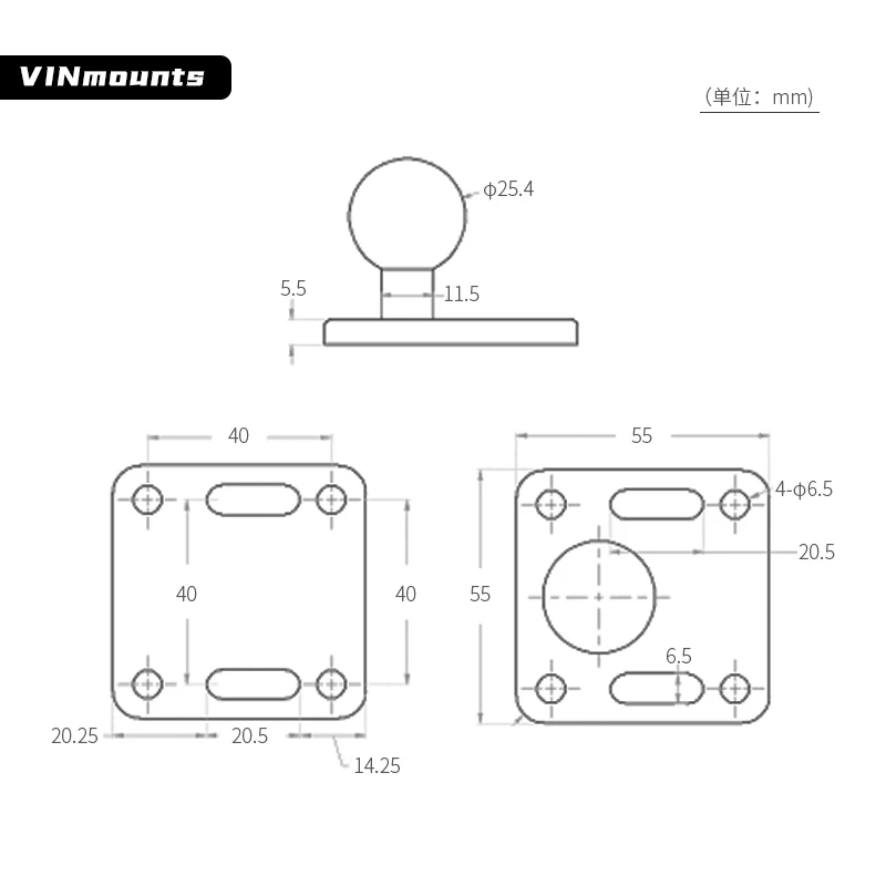 VINmounts 1'' Ball Mount Base with Aluminum Alloy 4-Hole  Square Plate & 1'' Rubber Ball Adapter for ram mounts VIN-B-006