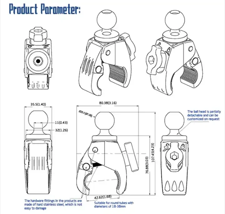 Motorcycle Bicycle Rail Mount Clamp with 360 degree Ball Mount Clip For Gopro Hero 12 11 10 9 8 For Phone Action Camera