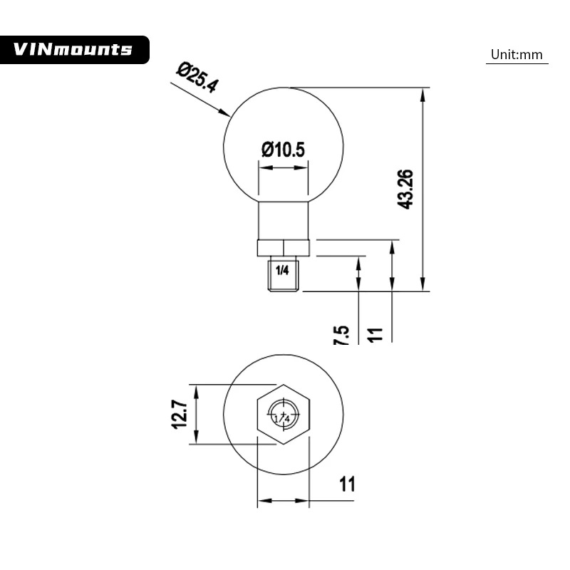 VINmounts Metal 1/4 Adapter To 25.4mm Ball Head 1''  Bracket Connector Motorcycle Sport Camera Mount for ram mounts VIN-B-014