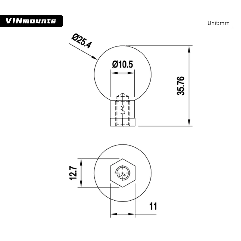 VINmounts 1'' Ball Head Mount 1/4" Screw Adapter for 360 Sport Camera Phones GPS Holder Accessories for ram mounts VIN-B-015