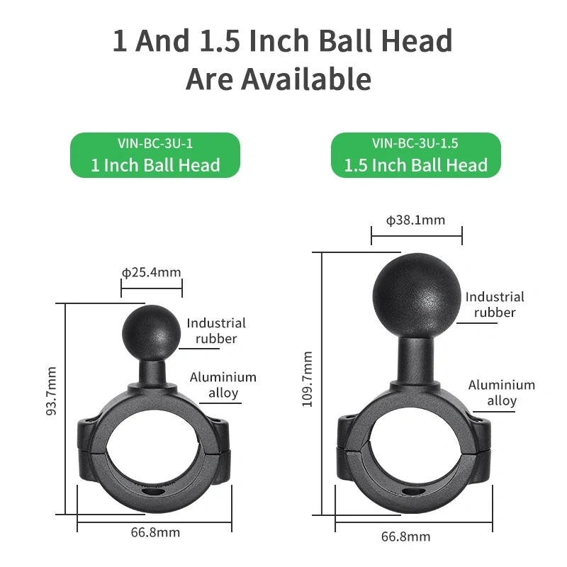 Medium-sized tubular guide Rail Base with B size 1" or C size 1.5" ball for Handlebar for RAM mounts VIN-BC-3U-1/VIN-BC-3U-1.5