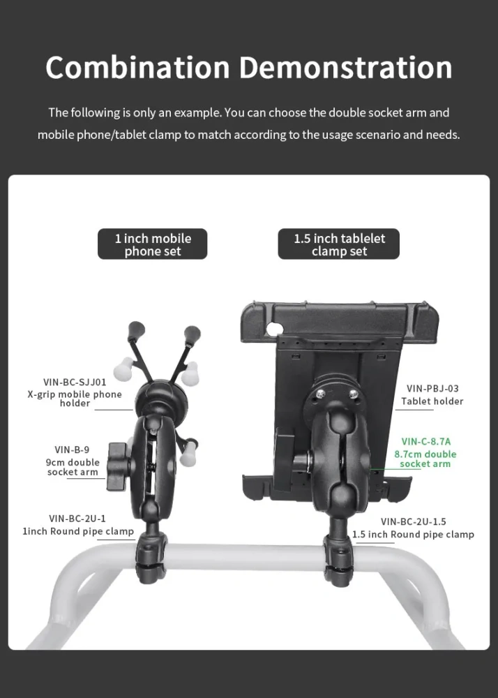 VIN mounts New design Aluminum Handlebar Clamp Mount U-bolt Base Compatible with RAM Mounts B size 1 inch Ball VIN-BC-2U-1