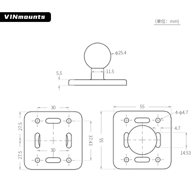VINmounts 1'' Ball  with Aluminium Alloy Square plate reversse mount 25mm ball head for tablet holder for ram mounts  VIN-B-004