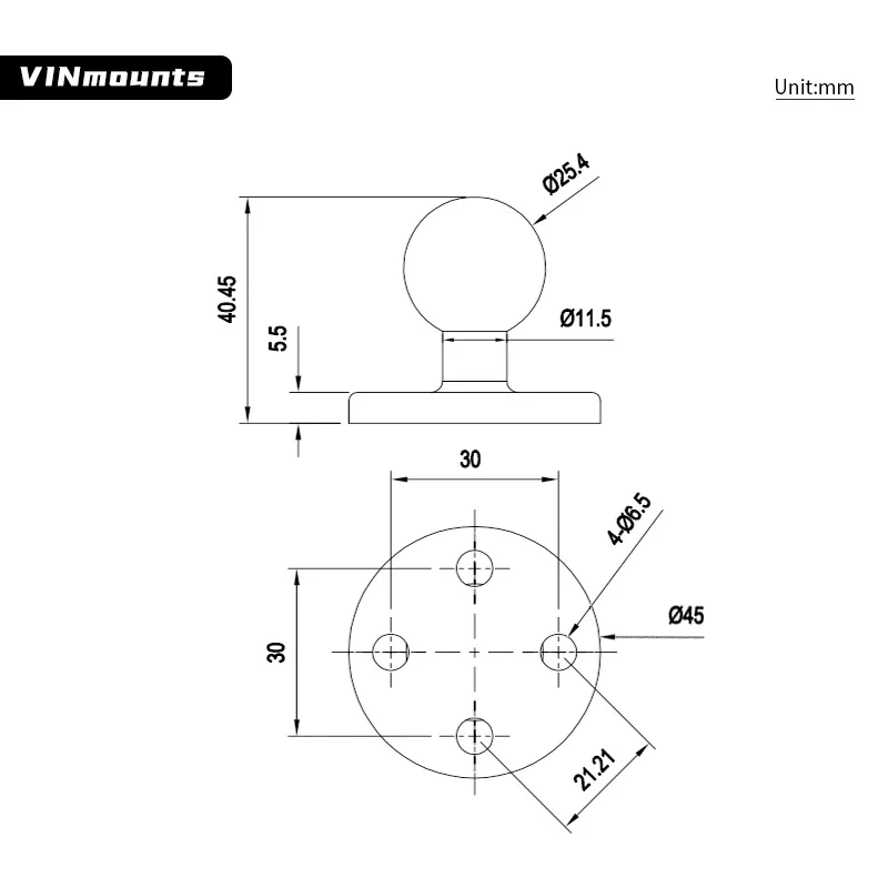 VINmounts 1'' Ball Mount Base with Aluminum Alloy 4 Hole Round Plate & 1'' Rubber Ball Adapter for ram mounts  VIN-B-005