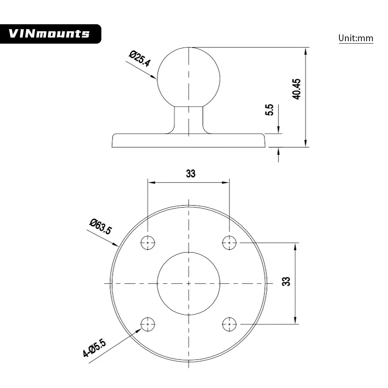 VINmounts 1'' rubber Ball Adapter 4-hole 1.29 "x 1.29"  round ball head mounting base for ram mounts  VIN-B-013