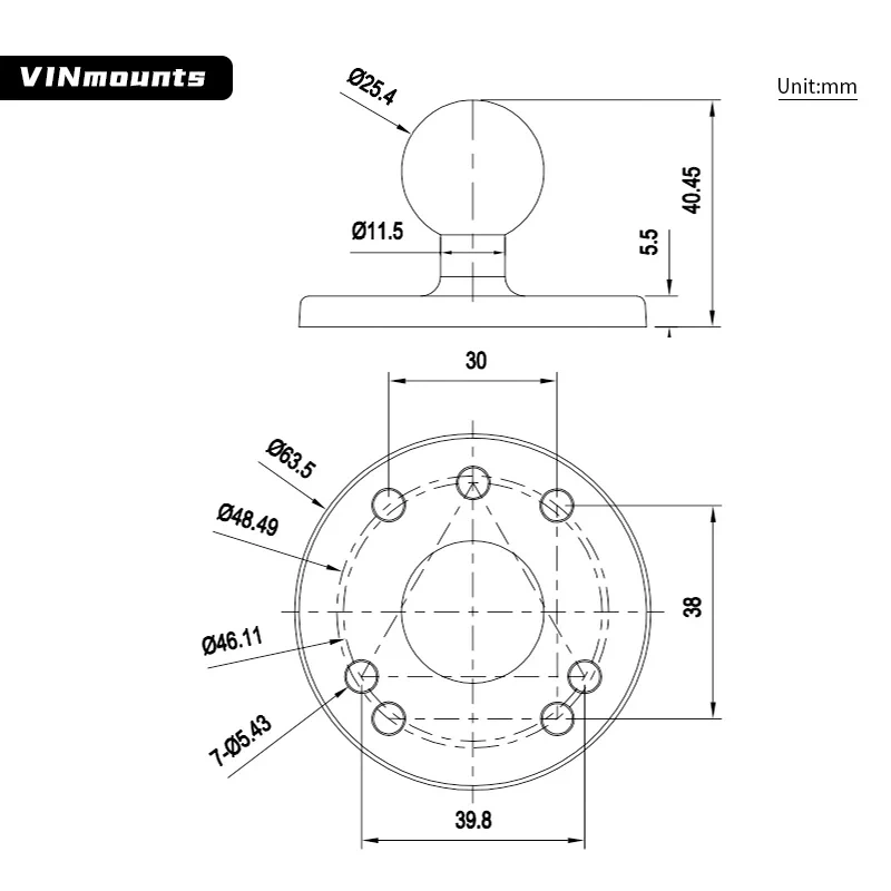 VINmounts 1'' Ball Mount Base with Aluminum Alloy AMPS Hole Round Plate & 1'' Rubber  Ball Adapter for ram mounts VIN-B-001