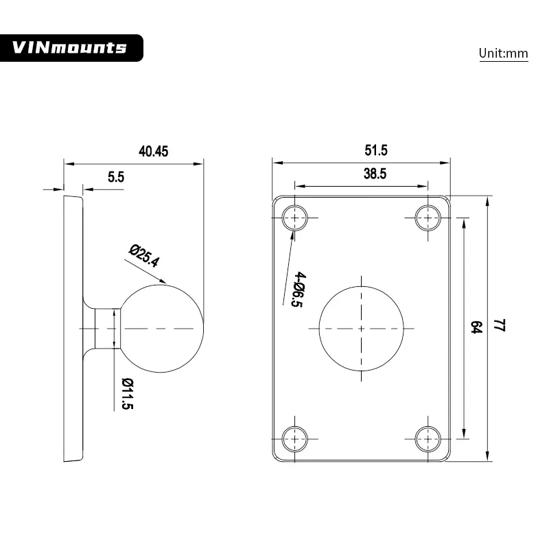 VINmounts New durable car holder rotated aluminium alloy 1'' Rectangular ball mount base for ram mounts VIN-B-002