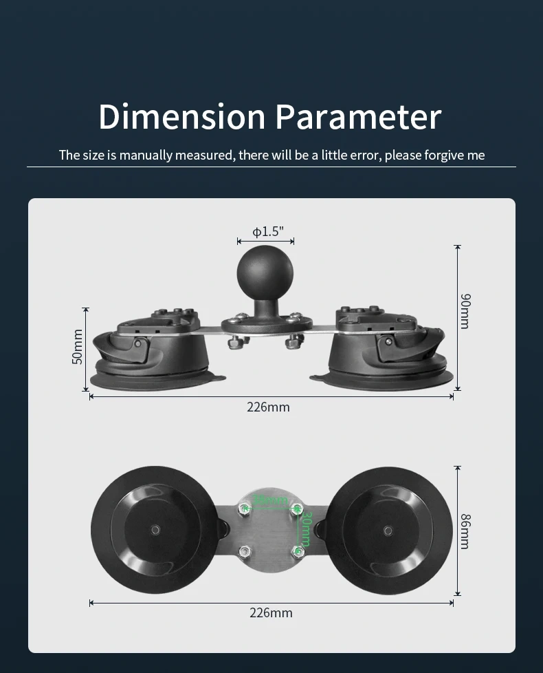 Twist-LockDual Suction Cup Base with 1.5" Ball and Straight Plate for Car Windscreen Vacuum Suction Cup VIN-C-015