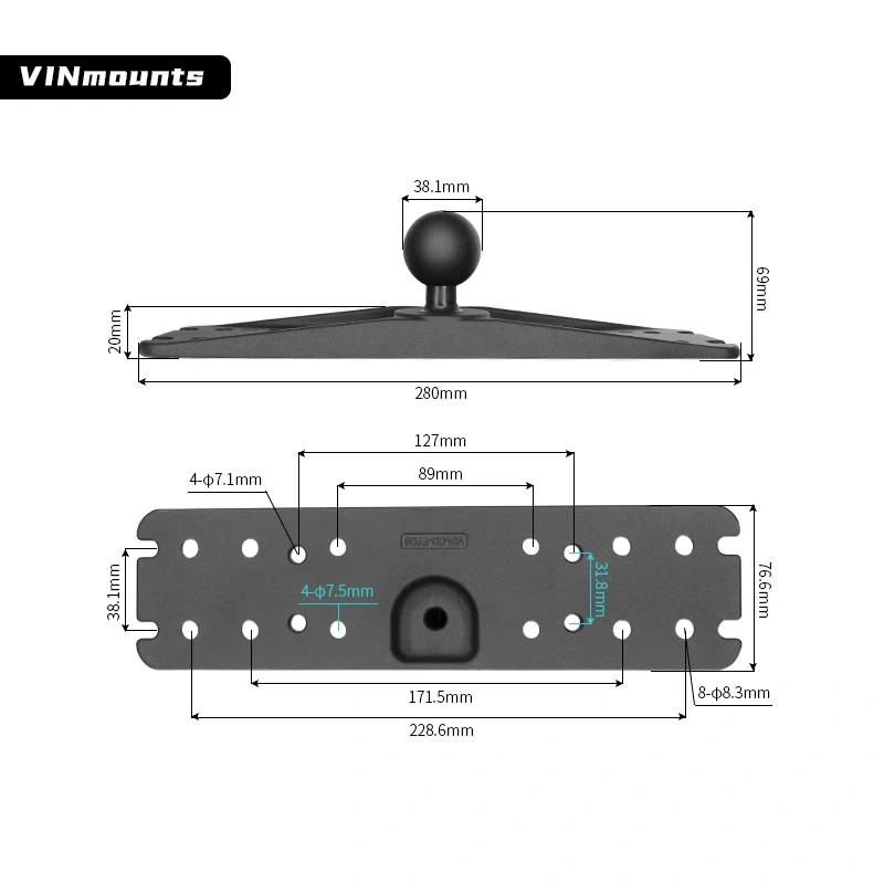 Rectangular 3x11 inch Marine Plate with 1.5 inch Ball for lowrance/simrad/sonar/furuno/GPS fish finder VIN-CD-TYQ6-1.5"