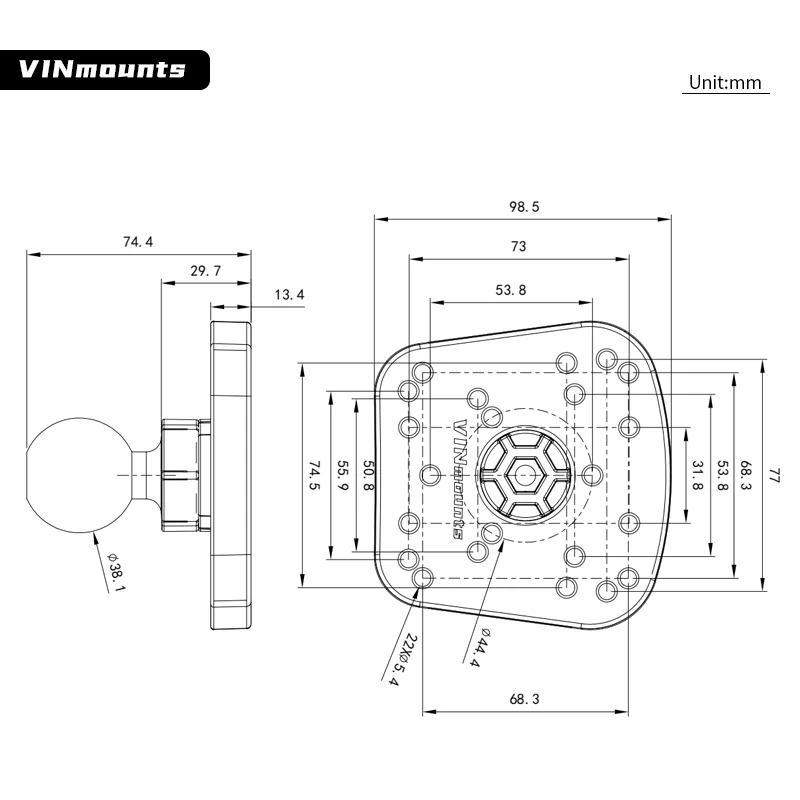 VINmounts Boat Depth Sounder/Fish Finder Ball Adapter with 1.5"Ball for Humminbird Piranha + More VIN-C-009