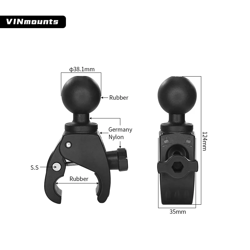 Motorcycle Handlebar Clamp Base with 1.5 Inch Ball Mount for Gopro Garmin Action Camera Bicycle Rail Clip Support VIN-C-012