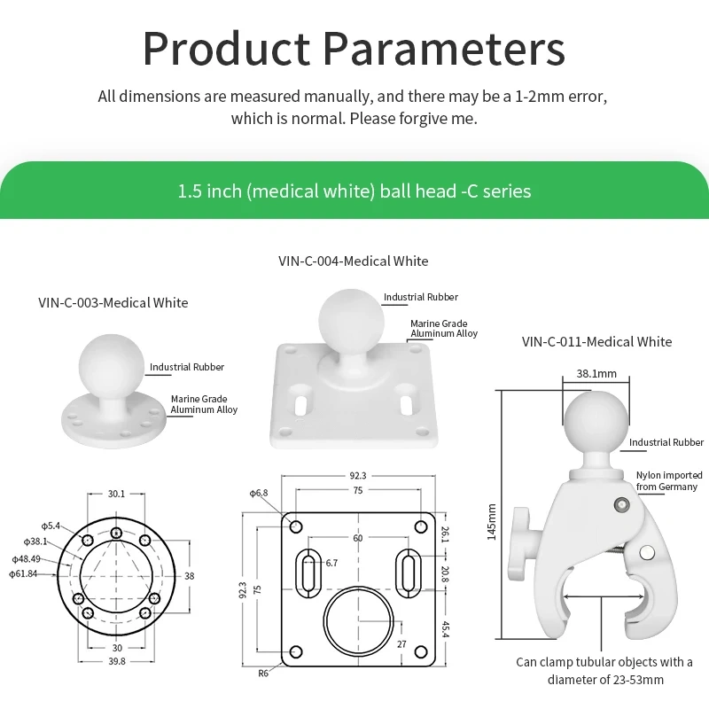 VIN mounts 75x75mm VESA Square Plate with 1.5" Ball White Powder Coating Compatible with C Size mounts