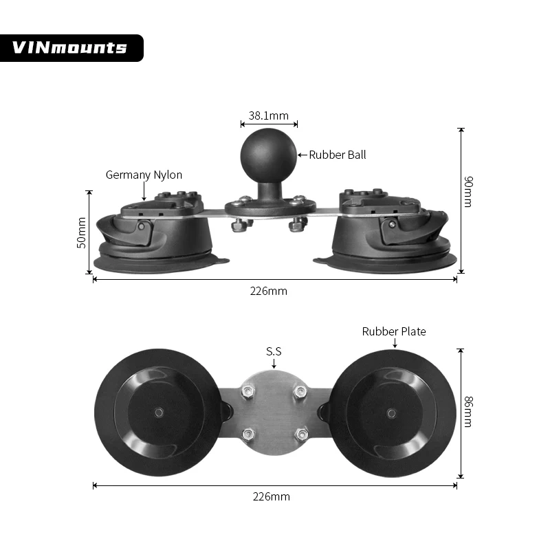 Twist-LockDual Suction Cup Base with 1.5" Ball and Straight Plate for Car Windscreen Vacuum Suction Cup VIN-C-015