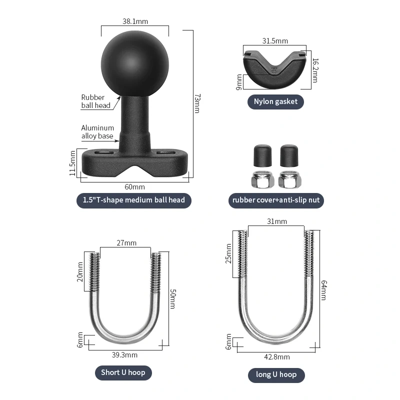 0.5" to 1.25" U-Bolt Motorcycle Handlebar Bike Rail Rod Mount Base 1.5 Inch Ball for Sport Camera Smartphone VIN-BC-1U-1.5