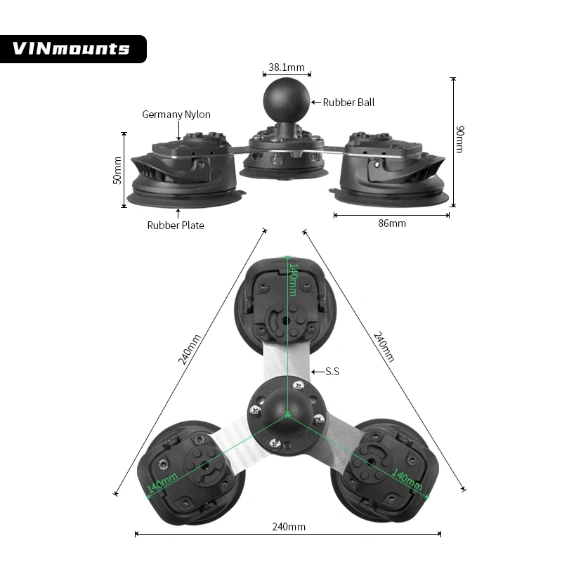 1.15" Three Double Triple Suction Cup Universal Tablet Mount for Truck /Phone Holder compatible with RAM mounts VIN-C-016