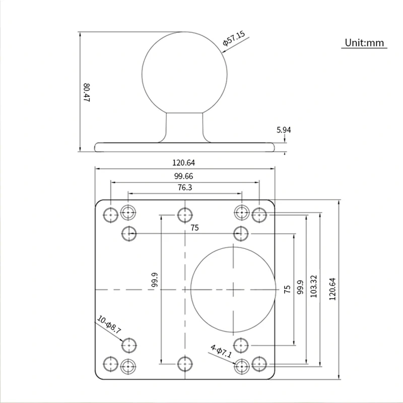 2.25" Ball head 100X100mm VESA Plate Aluminium for Marine, TV, air conditioner, GPS holder wall mount or Stand