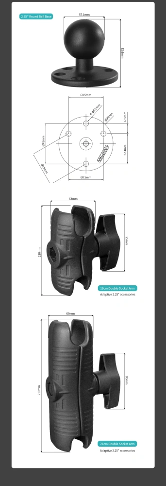 VIN Mounts 2.25" Large Marine Electronics Mount with 13cm Arm and Double U Bolt Base for Rail 13mm-33mm for Ram Mounts