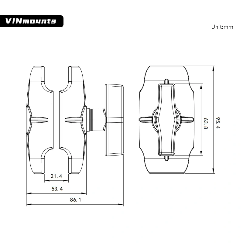 95mm Short Composite Double Socket Arm Compatible with C Size 1.5" Ball Components VIN-C-9A for Ram mount