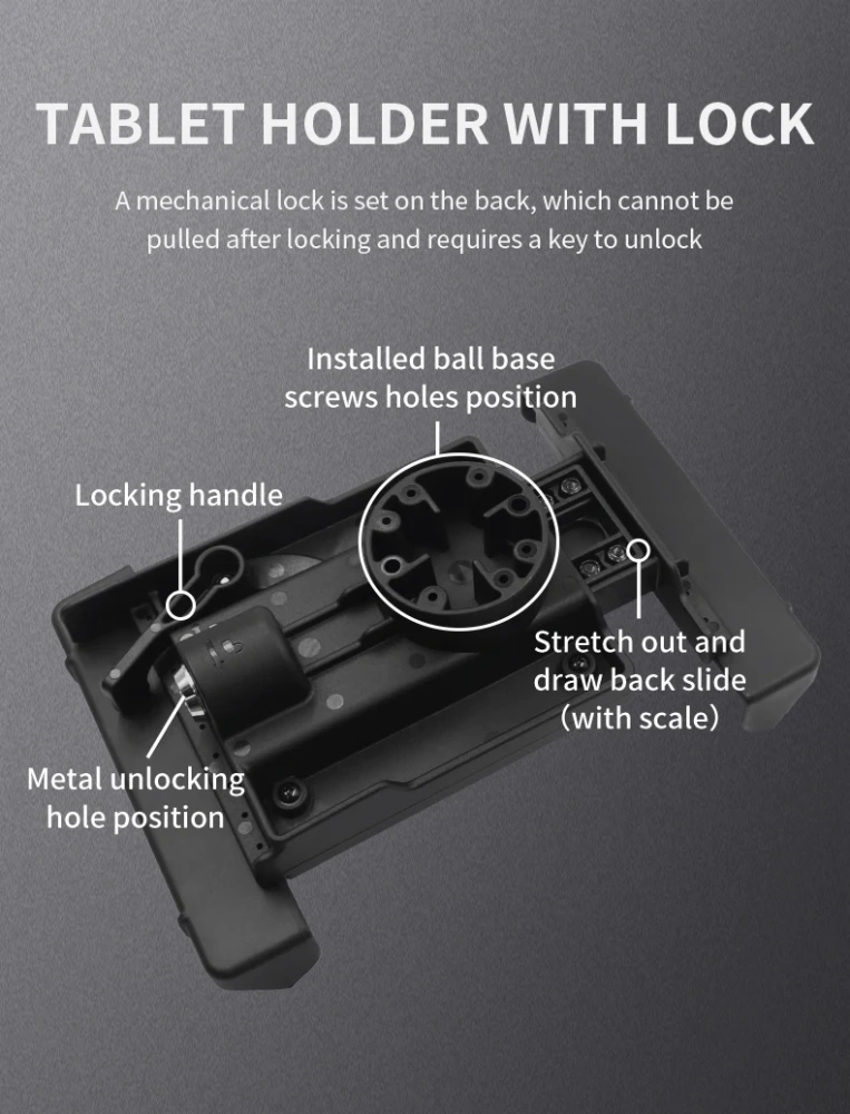 Locking Tablet Pipe Clamp, iPad Mount with Clamp Base, Flexible Arm with Safety Key, Adjustable Tablet Stand for Workshop