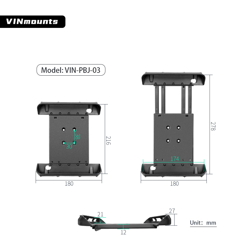 VIN Mounts Spring Loaded Holder VIN-PBJ-03 for 9.7" Tablets compatible with 270x 170mm overall size tablet, thickness 15mm