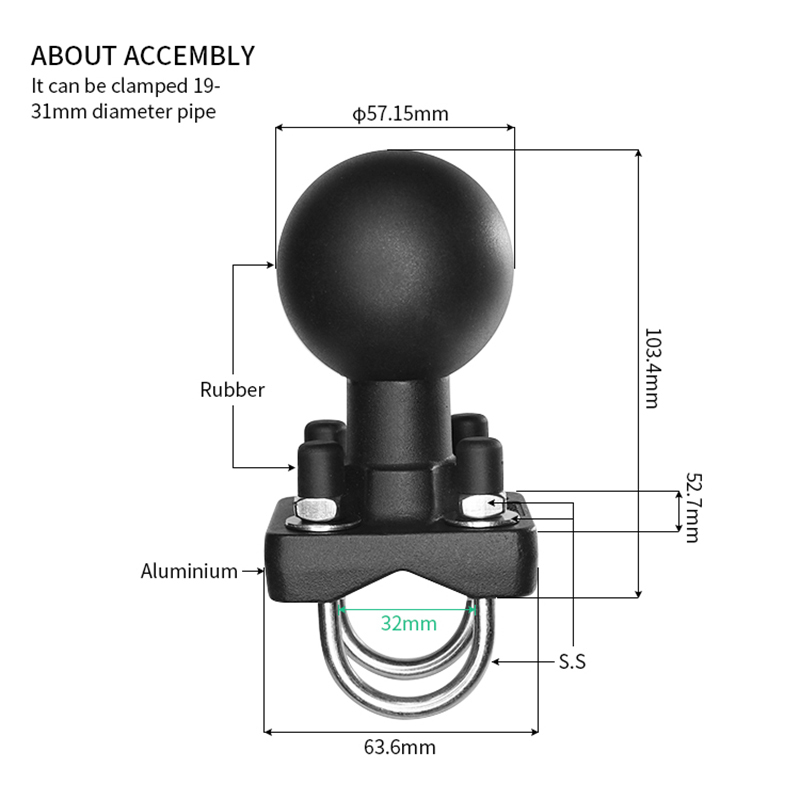 VIN Mounts 2.25 inch Ball Head with Double U-Bolt Ball Base for 1" - 1.25" Rails - D Size for Ram mounts VIN-D-004
