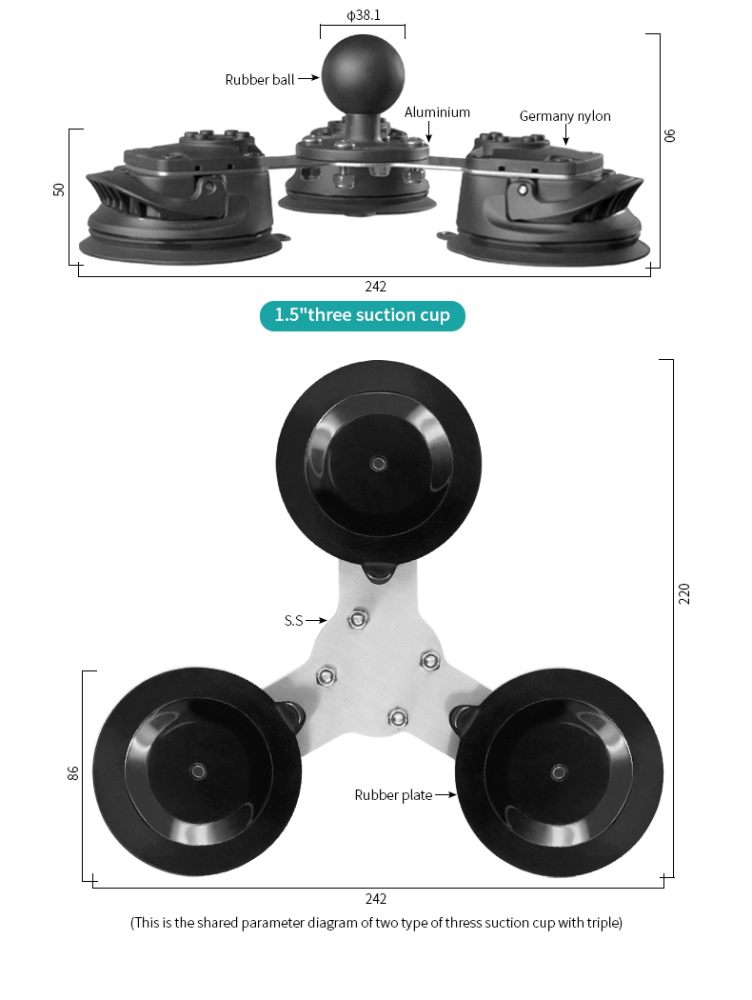 VIN Mounts Triple Suction Cup with X-Grip Iphone Charging Charger Adapter for Dashboard/Glass Phone Mounting for Ram mount