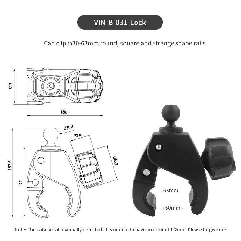 VINmounts Tough Claw Large Locking Clamp Base with 1 " /25mm/B size Ball  for 30-63mm Rail VIN-B-031-lock