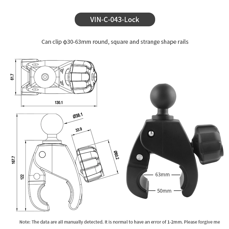 VINmounts Tough Claw Large Locking Clamp Base with 1.5 " /38mm/C size Ball for 30-63mm Rail VIN-C-043-lock