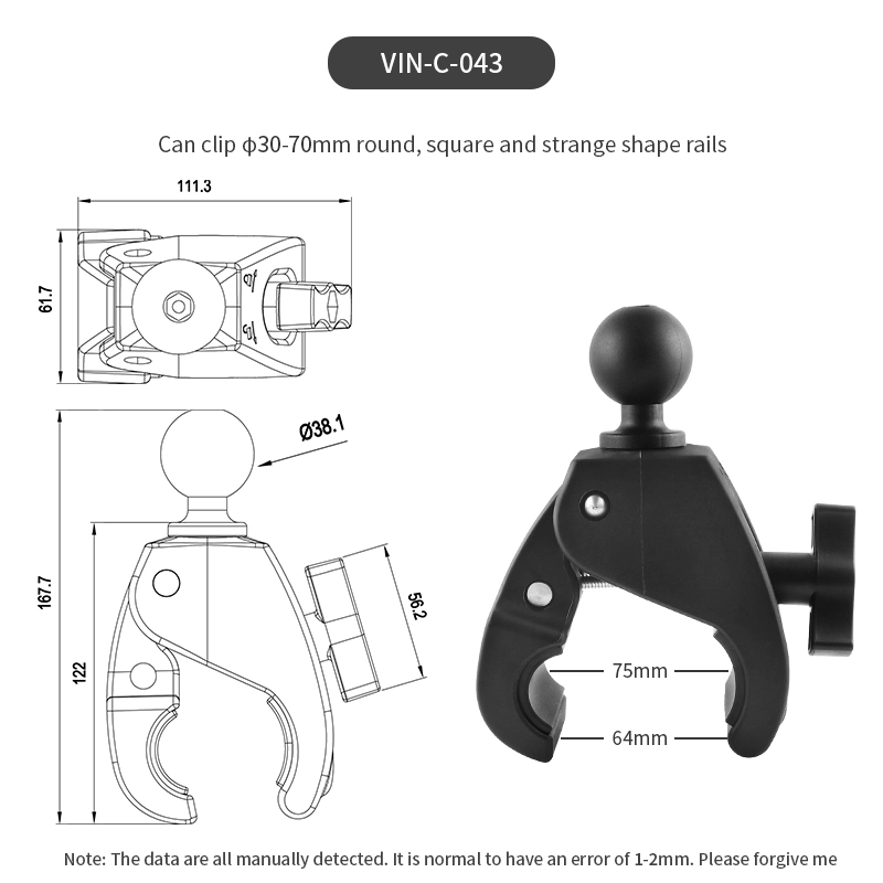 VINmounts Tough Claw Large Clamp Base with 1.5" Ball,Compatible with RAM and 1.5" Ball Systems from Arkon, iBolt and Tackform Enterprise Series VIN-C-043