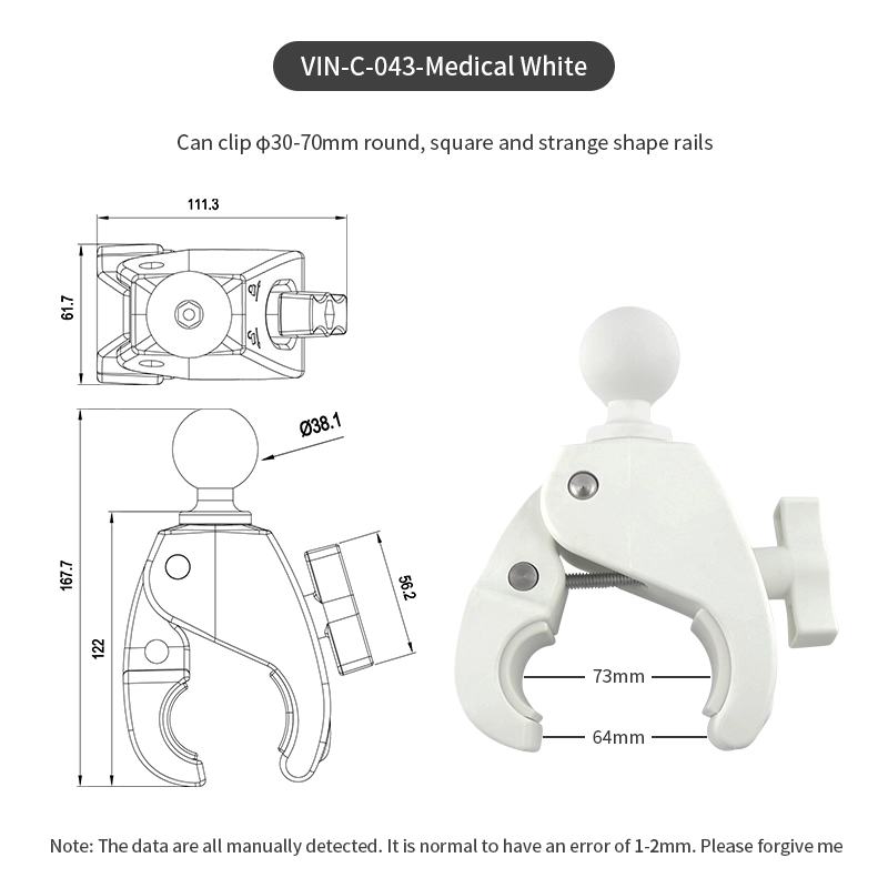 VINmounts 1.5''/38mm/C Sizes Large Tough-Claw Clamp Ball Base for 1.18" to 2.76" Diameter W/ White Color for Maine or Medical Wheelchair Holder VIN-C-043-White